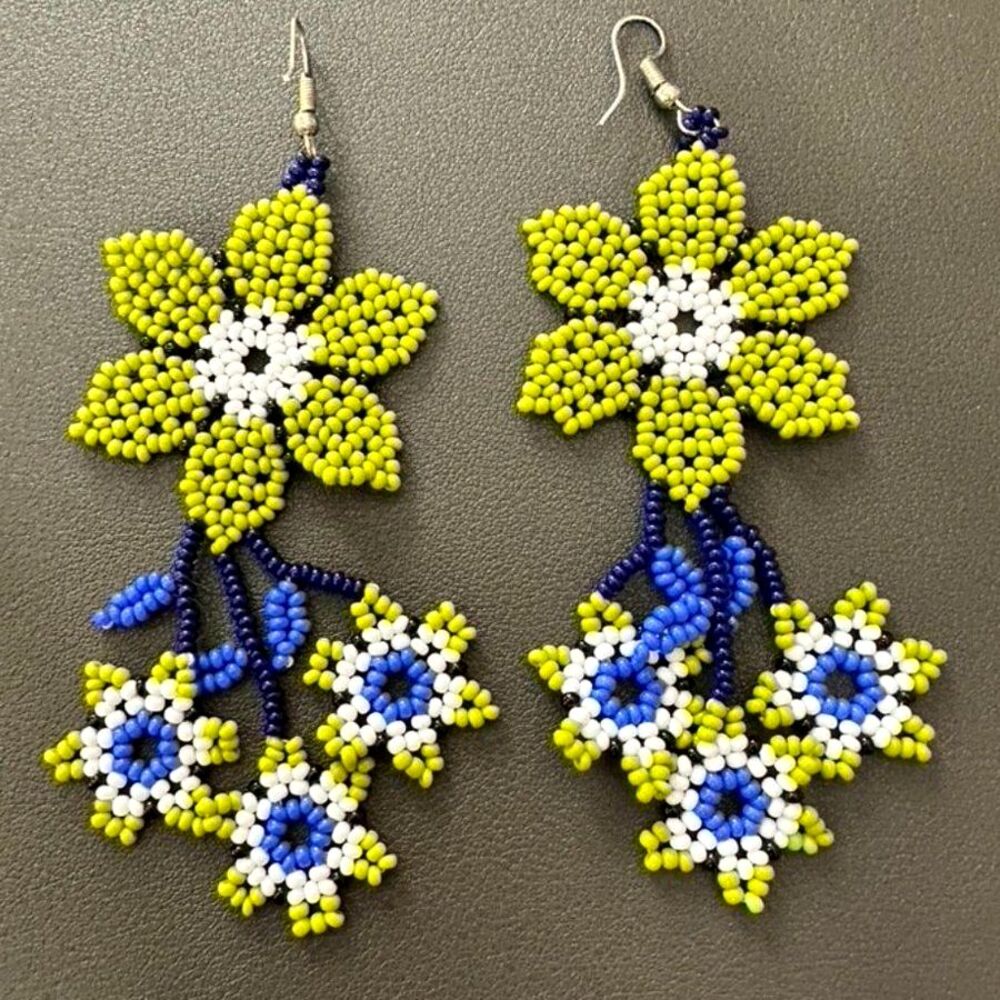 Seed Bead Huichol Floral Flower Dangle Drop Statement Earrings